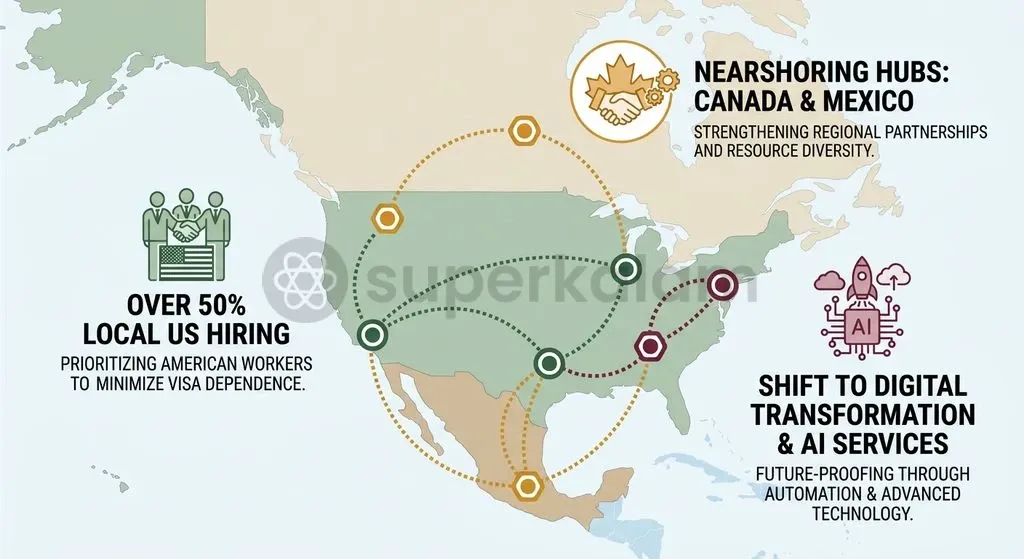 Indian IT service exporters are diversifying delivery architectures across localized American hiring, nearshoring in Canada and Mexico, and generative AI consulting.