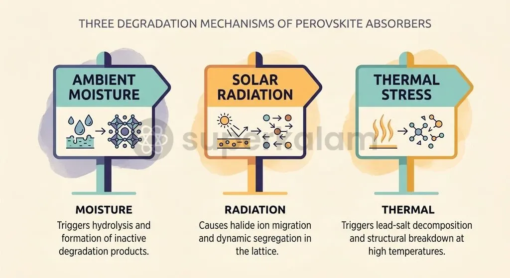 Moisture ingress, continuous solar irradiation, and elevated operational heat induce phase segregation and chemical breakdown in unsealed perovskite layers.
