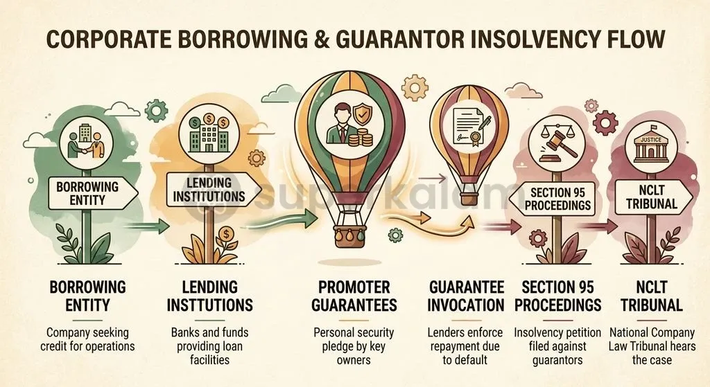 The web of corporate borrowings and personal guarantees shows how default at the corporate borrower level triggers personal insolvency against the promoter.