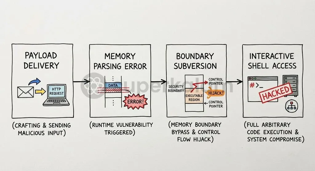 Remote Code Execution flaws allow unauthenticated network requests to subvert runtime memory and spawn an administrative shell.