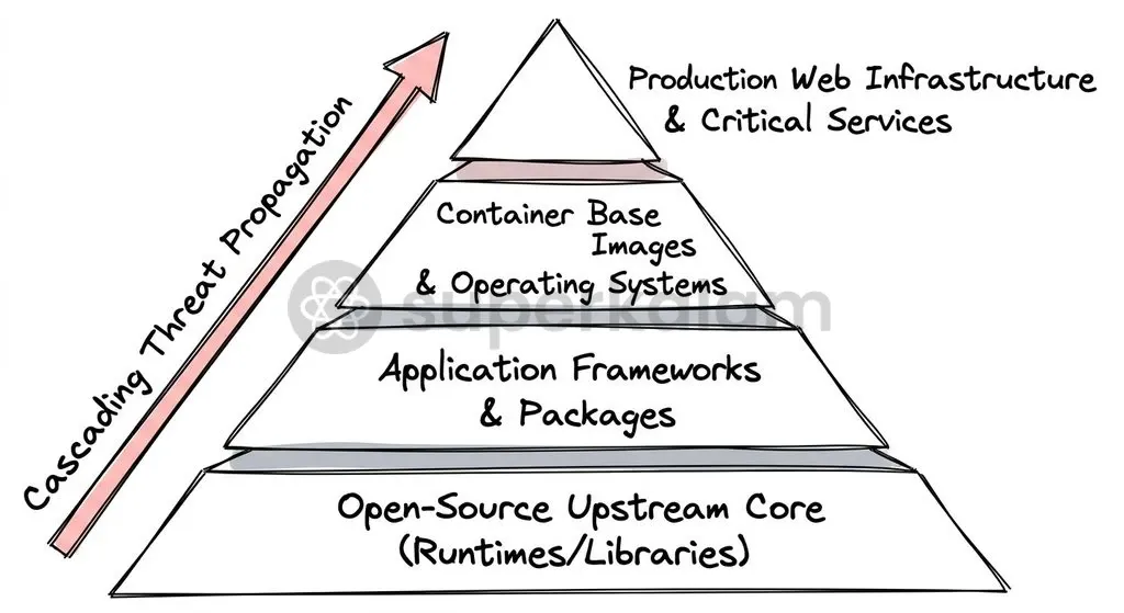 Upstream code flaws propagate through dependencies, container distributions, and production web backends across global networks.