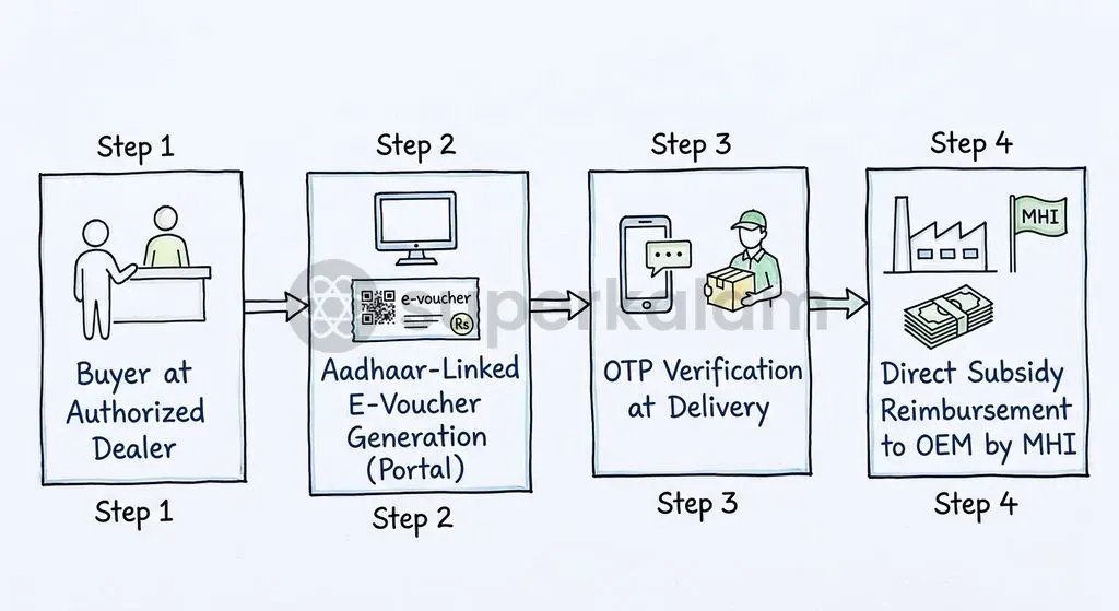 The Aadhaar-authenticated digital e-voucher workflow requires OTP verification at the dealership to prevent documentation fraud and ensure compliance.