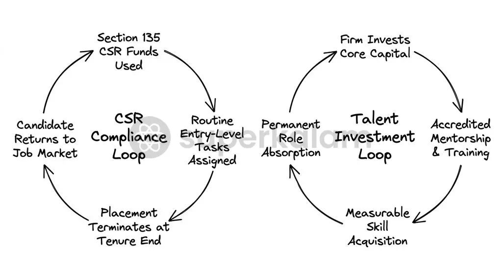 Financing internships through CSR allocations incentivises short-term regulatory compliance rather than permanent payroll absorption.