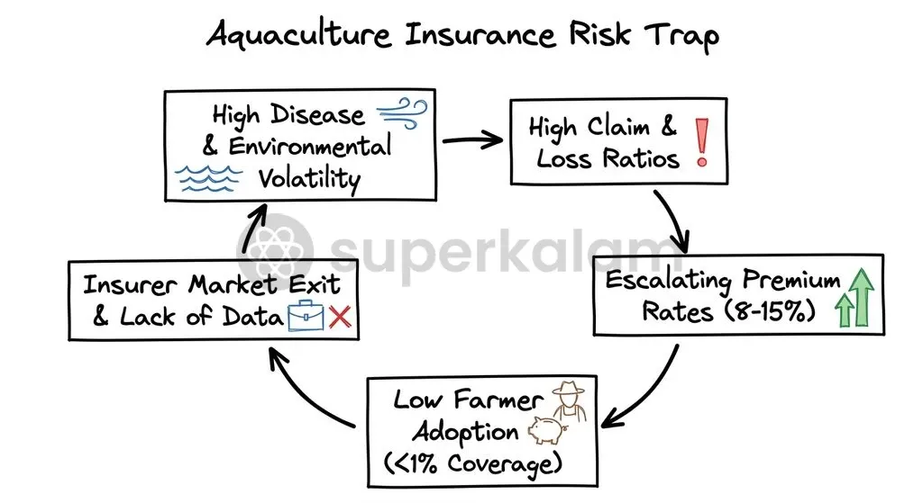 The aquaculture risk cycle illustrates how severe viral epidemics like WSSV drive prohibitive premium rates and underwriter market exit.