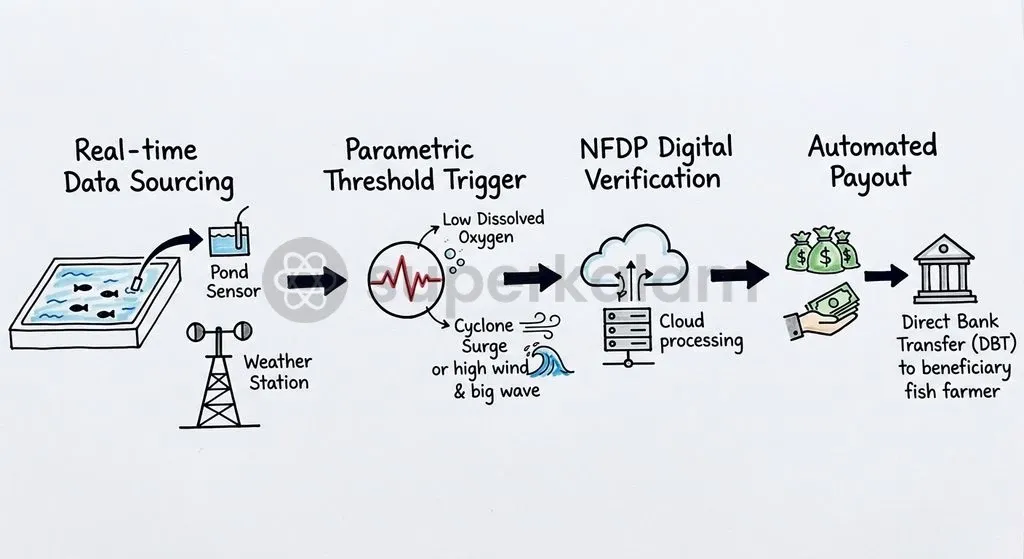 Parametric index insurance automates claim payouts when environmental metrics like dissolved oxygen or wind speeds breach critical thresholds.