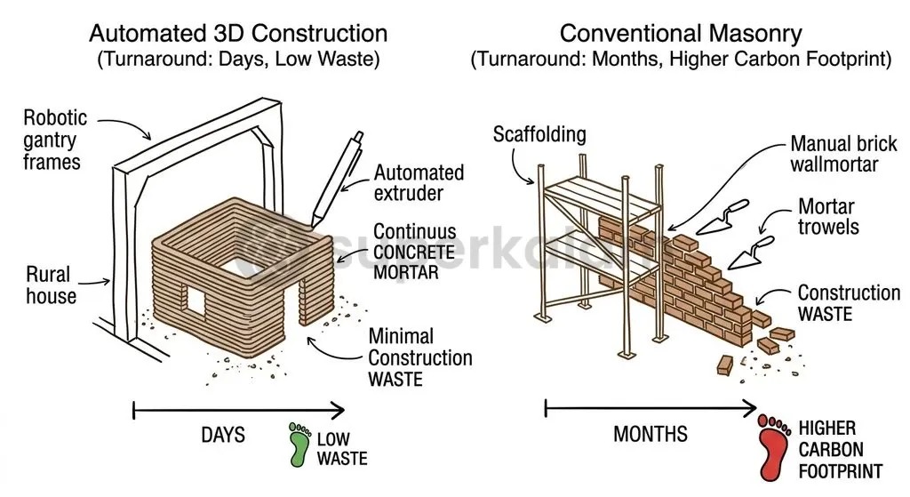 Automated 3D concrete printing utilizes CAD designs and gantry arms to construct monolithic, low-emission wall superstructures in under five days.