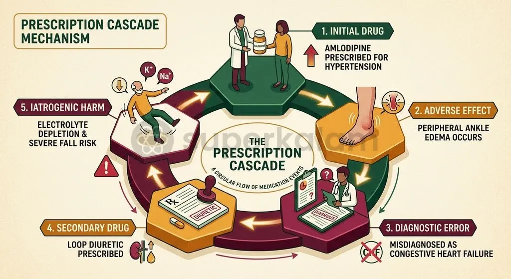 The prescription cascade illustrates how misdiagnosing a side effect as a new disease leads to additional pharmaceutical interventions and cumulative toxicity.