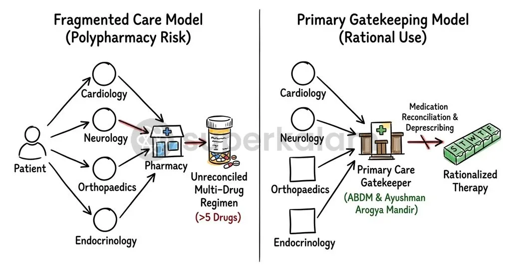 Restoring general practitioners and Ayushman Arogya Mandirs as gatekeepers allows centralized medication reconciliation before specialists prescribe additional therapies.