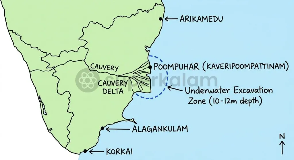 The Poompuhar archaeological zone encompasses both terrestrial riverine wharves and submerged offshore cultural horizons.