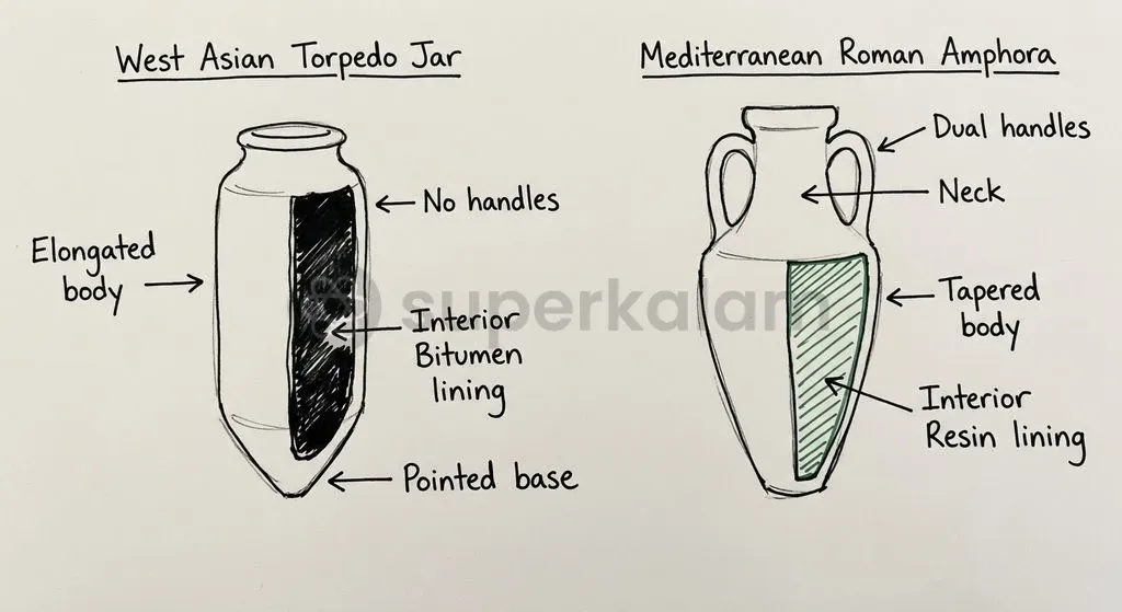 Distinct morphological features, sealing methods, and trade commodities separate West Asian torpedo jars from Mediterranean amphorae.