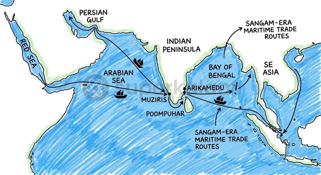 Early Historic Tamil ports served as central trans-shipment nodes connecting western oceanic circuits with the Bay of Bengal.