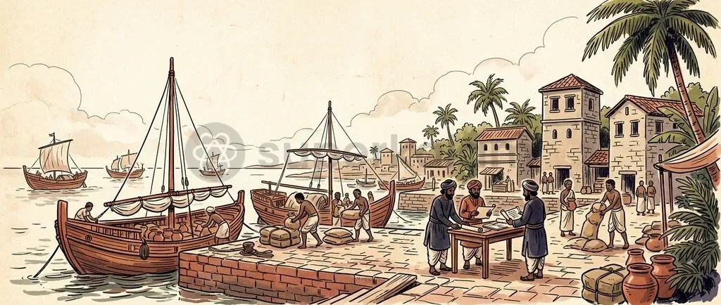 An artistic representation of the ancient port of Kaveripattinam showing maritime trade during the early Chola period.