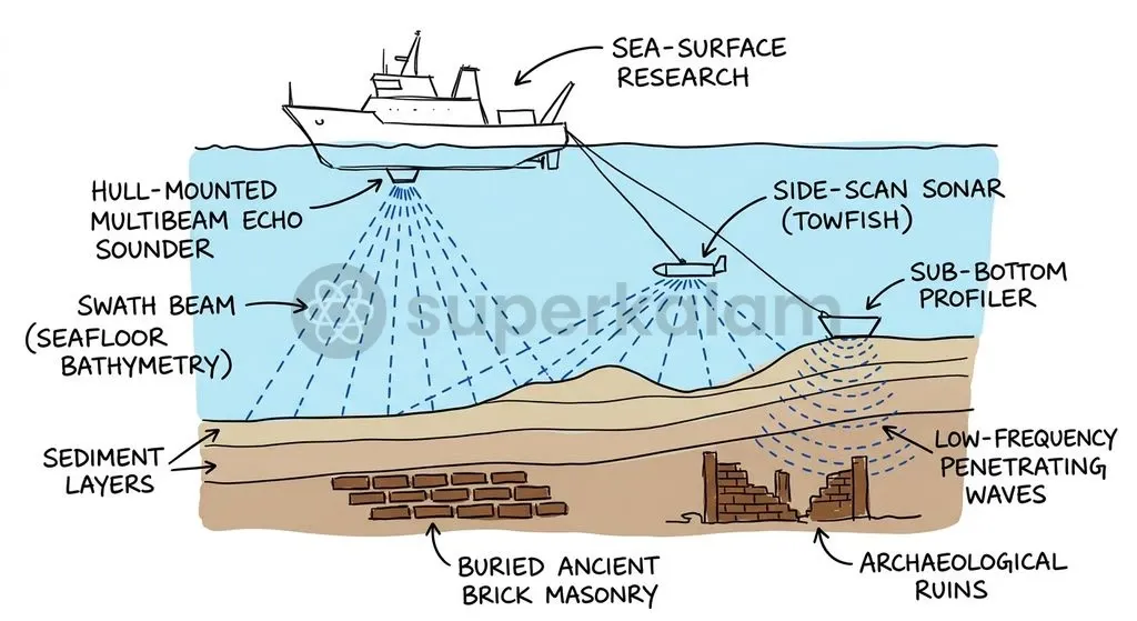 Modern marine geo-archaeological survey technologies mapping submerged structures beneath the ocean surface and sediment layers.