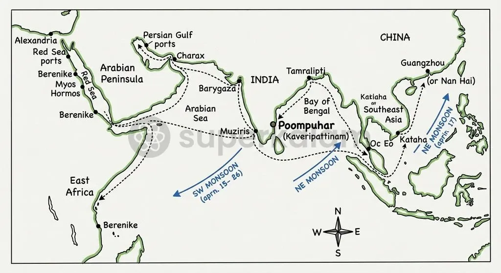 Ancient Indian Ocean maritime routes linking the Coromandel coast with Persian Gulf, Red Sea, and Southeast Asian trading hubs.