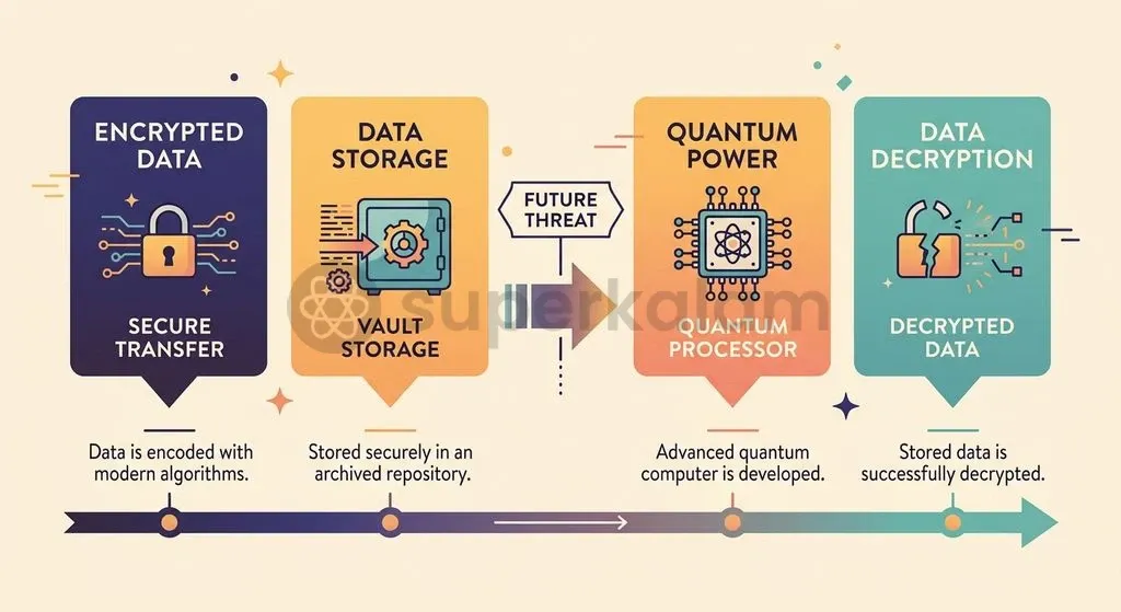 The Harvest Now, Decrypt Later attack model exposes current encrypted financial records to retrospective decryption by future quantum machines.