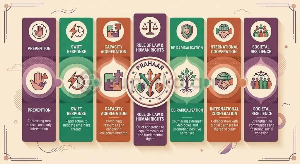 The seven core pillars of PRAHAAR span preventive intelligence, tactical response, legal safeguards, and community resilience.