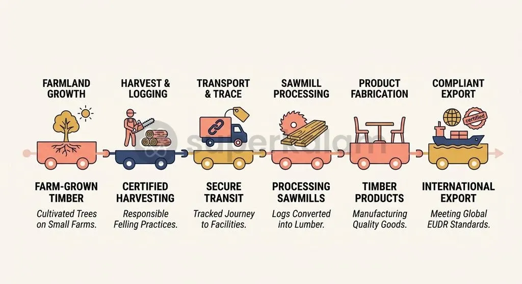 PRAMAAN connects farm-grown timber to industrial supply chains and export markets through verified Chain of Custody tracking.