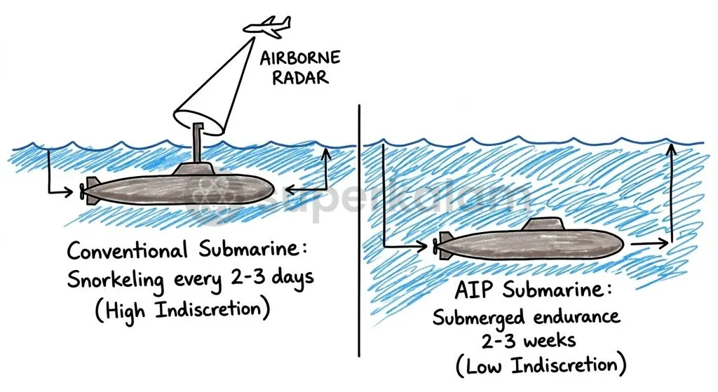 Fuel-cell Air Independent Propulsion generates electricity directly from hydrogen and oxygen, extending underwater patrol endurance from days to weeks.