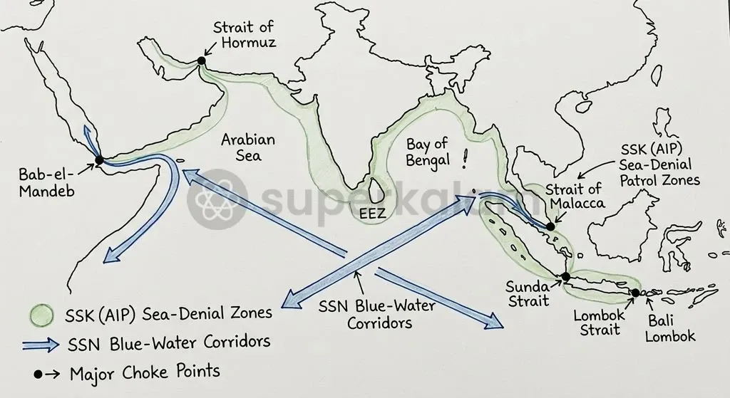 The Indian Navy balances conventional AIP submarines for choke-point sea denial with nuclear attack submarines for expansive Indo-Pacific sea-lane protection.