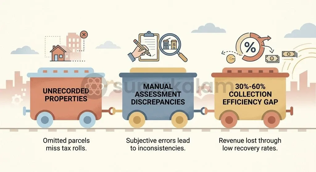 Manual surveys and outdated cadastre rolls result in collection efficiencies between 30% and 60% across urban local bodies.