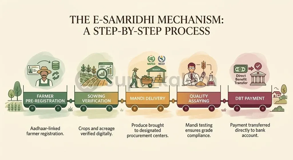 The e-Samridhi portal integrates Aadhaar-verified pre-registration with direct benefit transfers to operationalise 100 percent pulse procurement.