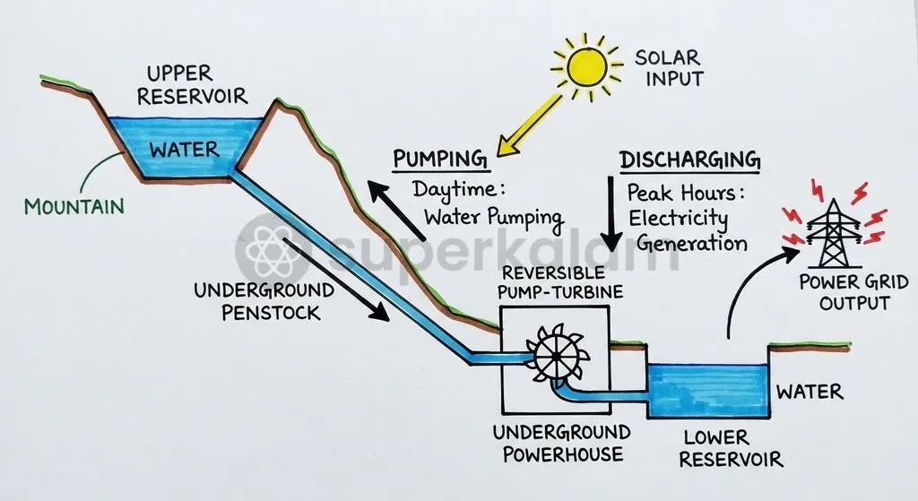 Off-stream pumped hydro cycles water between two closed reservoirs to absorb off-peak solar power and generate during peak evening demand.