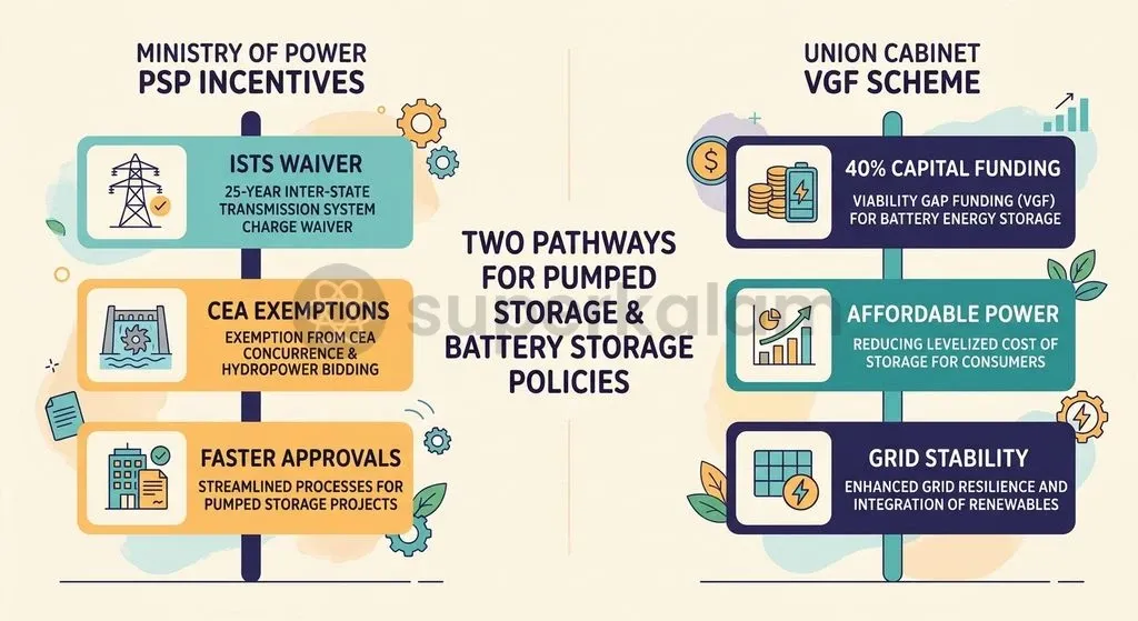 India's policy framework balances capital subsidies for batteries with regulatory exemptions and transmission waivers for pumped hydro.