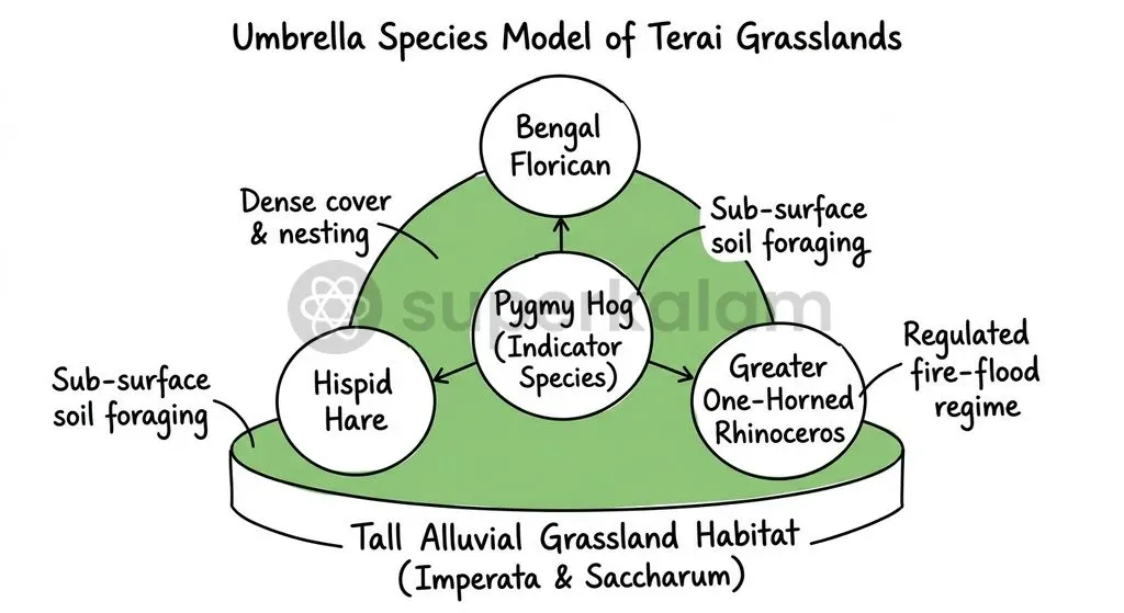 Protecting the specialized micro-habitat of the Pygmy Hog creates an umbrella effect that sustains other threatened alluvial grassland fauna.