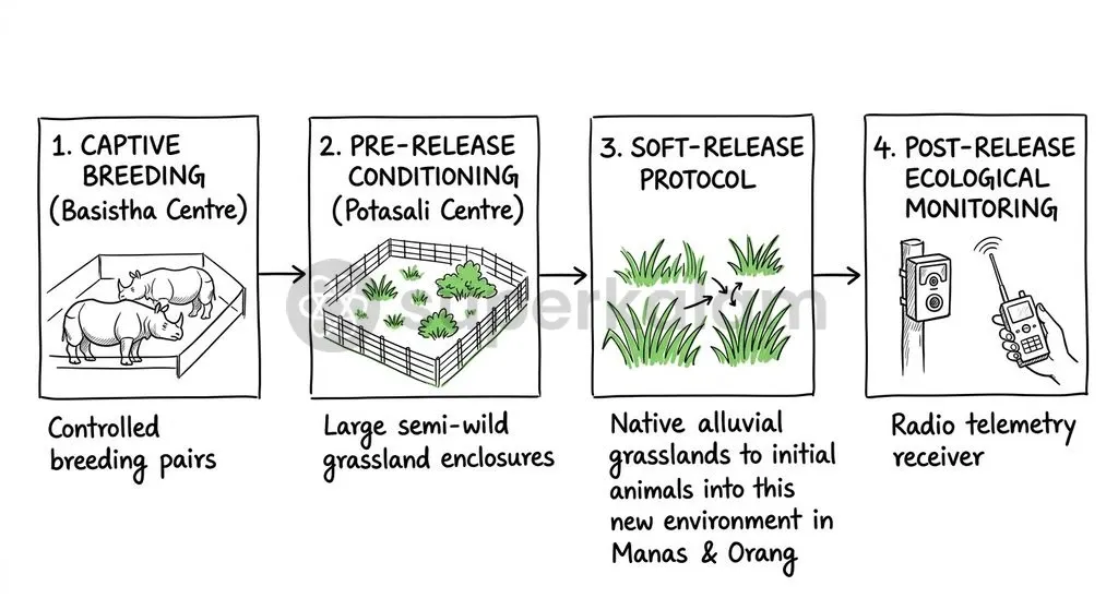 The PHCP rewilding framework moves through captive breeding, semi-wild conditioning at Potasali, and soft-release monitoring in protected national parks.