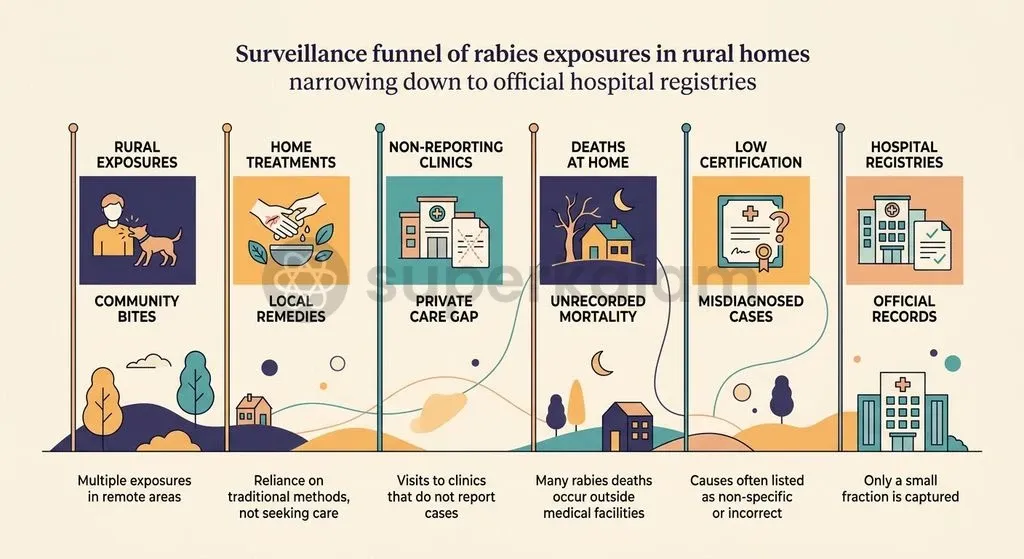 Institutional death certification barriers and non-notifiable status create severe discrepancies between official registers and epidemiological estimates.