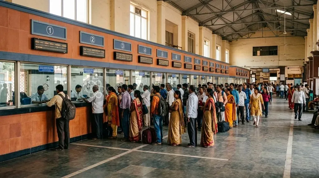 Physical ticket counters across Indian railway stations handle millions of passengers who were historically excluded from transit micro-insurance schemes.