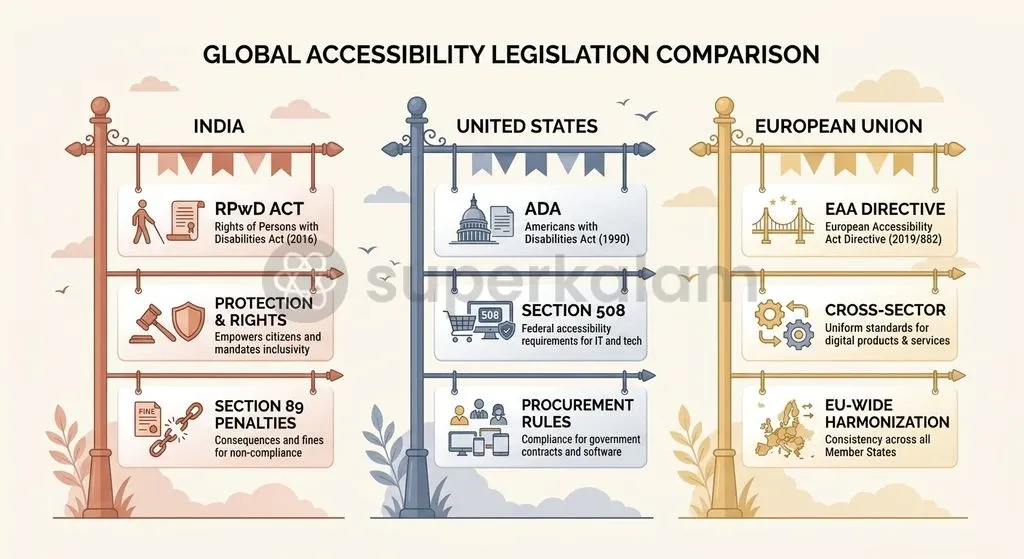 Enforcement mechanisms across global jurisdictions: comparing India's statutory model with US procurement bans and the EU Accessibility Act.