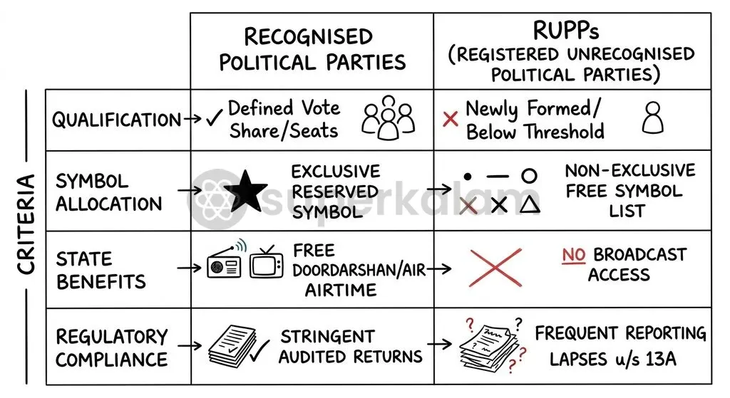 Recognised parties must cross strict electoral thresholds, whereas unrecognised parties obtain registration under Section 29A without mandatory performance criteria.