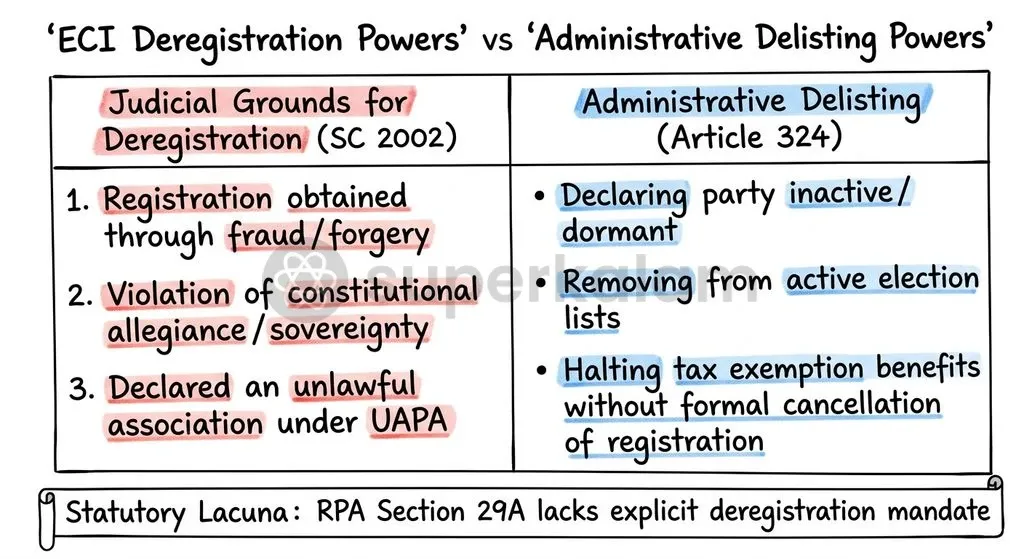 Under the 2002 Supreme Court precedent, the Election Commission can only deregister parties under three narrow exceptions, resorting to administrative delisting instead.