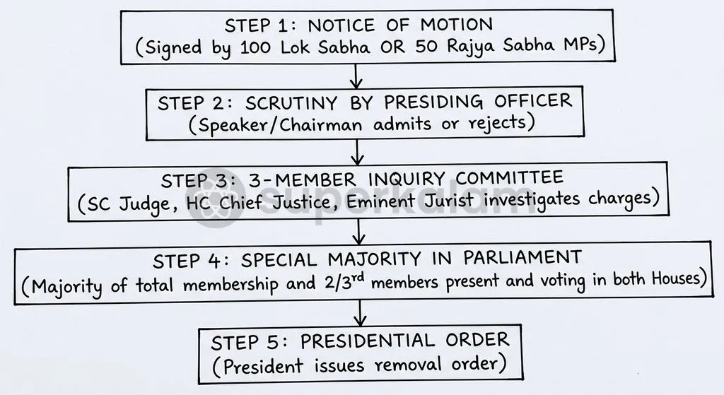The statutory removal sequence involves strict parliamentary initiation, independent judicial inquiry, and special majority voting.