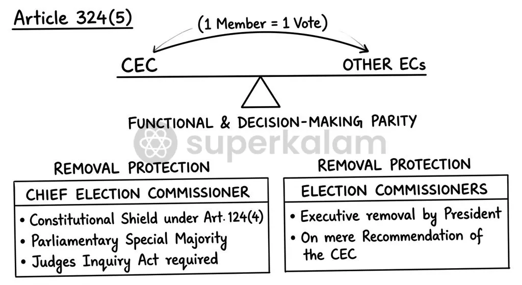 While the CEC and Election Commissioners exercise equal voting authority, constitutional removal safeguards remain asymmetric.