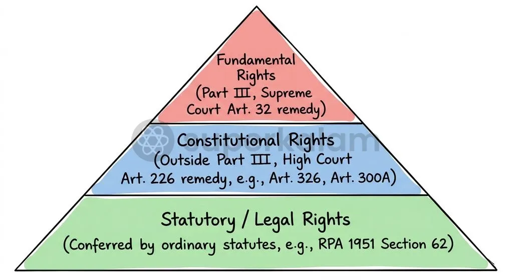 Fundamental Rights in Part III occupy the highest constitutional protection, followed by non-Part III constitutional rights and ordinary statutory rights.