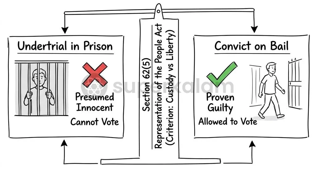 Section 62(5) of the RPA 1951 bars undertrials in custody from voting while permitting convicted persons released on bail to vote.