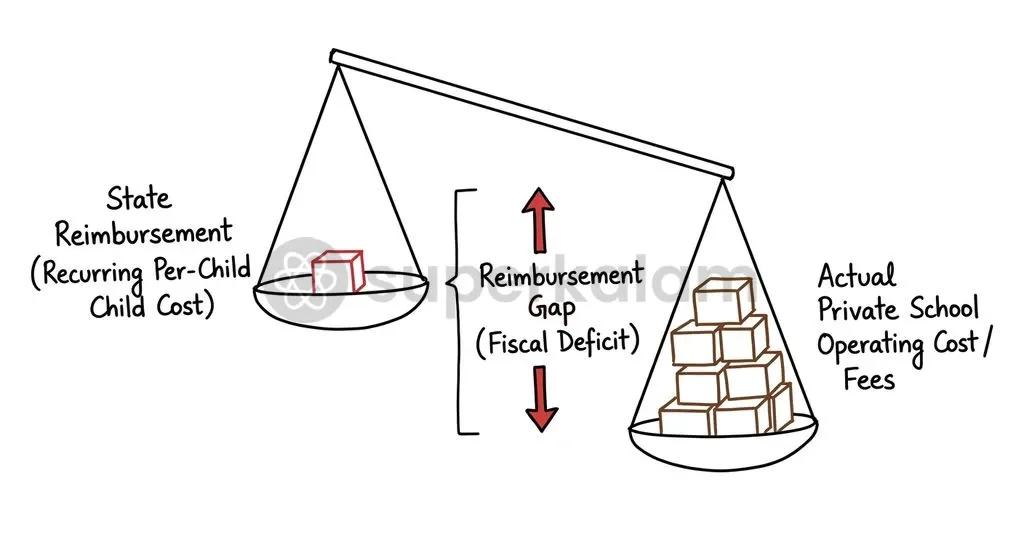 Reimbursement under Section 12(2) relies on the lesser of state per-child spending or actual tuition, driving persistent fiscal disputes.
