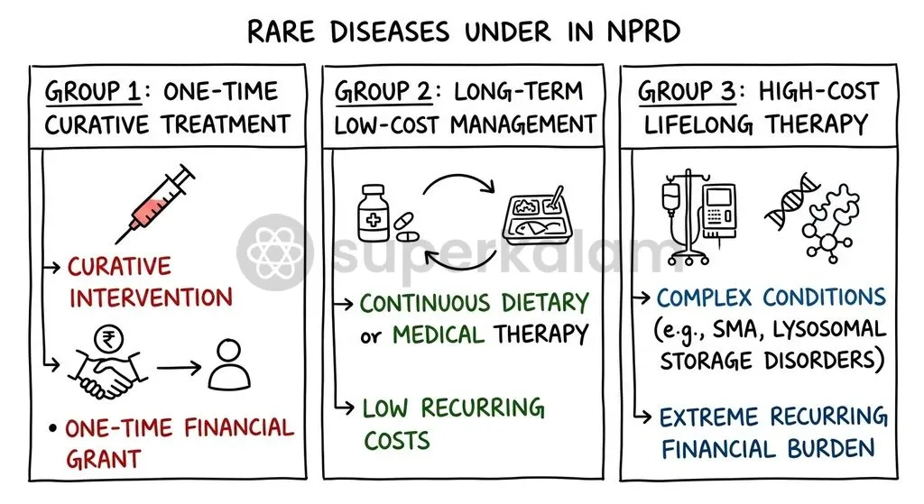 The National Policy for Rare Diseases 2021 structures financial and clinical support across three distinct disease categories.