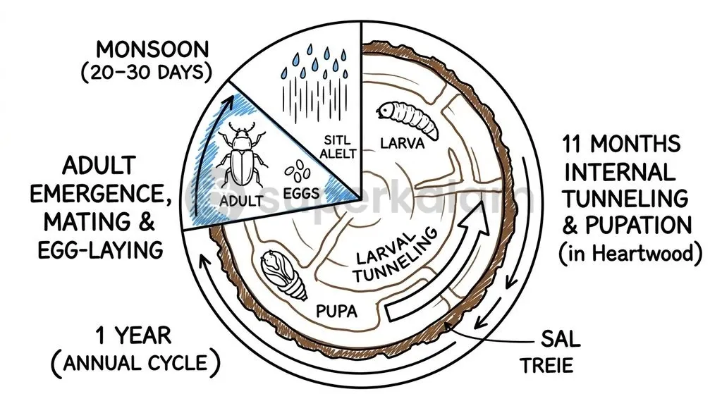 The annual life cycle of the sal borer spans 11 months of internal wood feeding followed by a brief monsoon emergence.