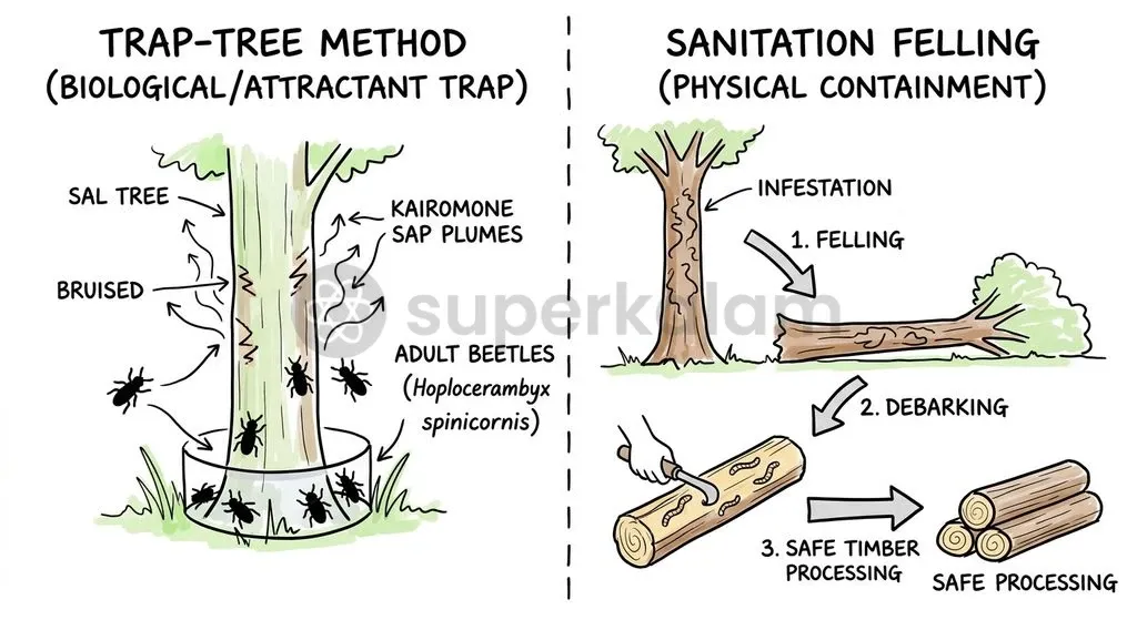 Integrated pest management combines physical lure traps with targeted mechanical sanitation to curb pest propagation.