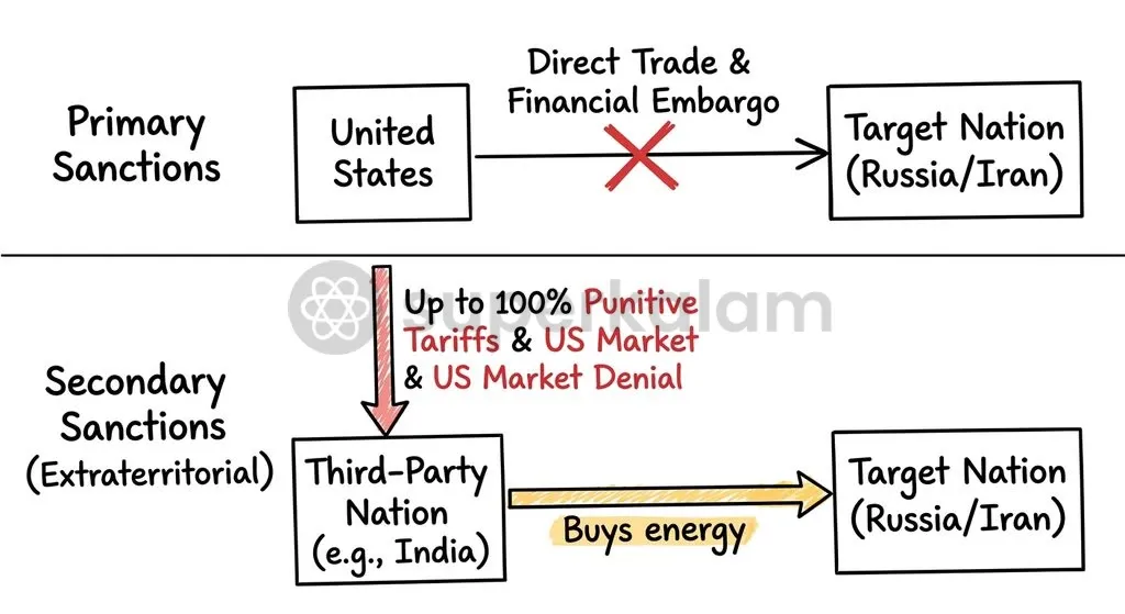 Primary sanctions restrict direct domestic commerce, whereas secondary sanctions use market access and import tariffs to penalise third-country trade.