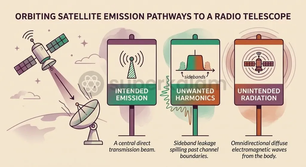 Satellite radio interference originates from three separate mechanisms, ranging from licensed communications to unshielded onboard electronics.