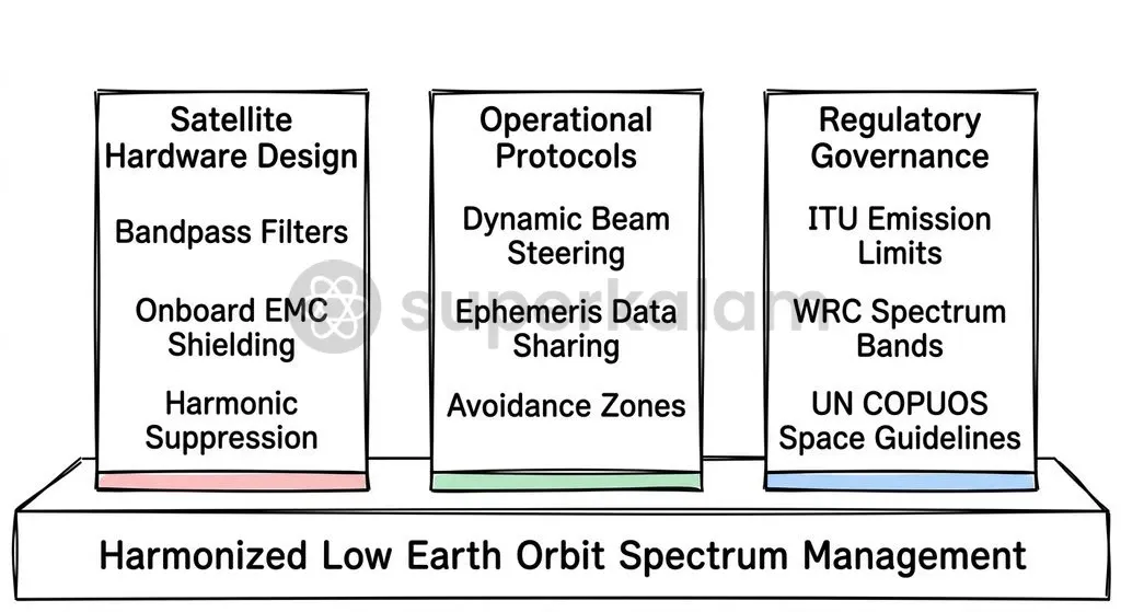 Mitigating satellite interference requires a layered approach combining satellite hardware shielding, dynamic beam-steering, and updated international regulations.