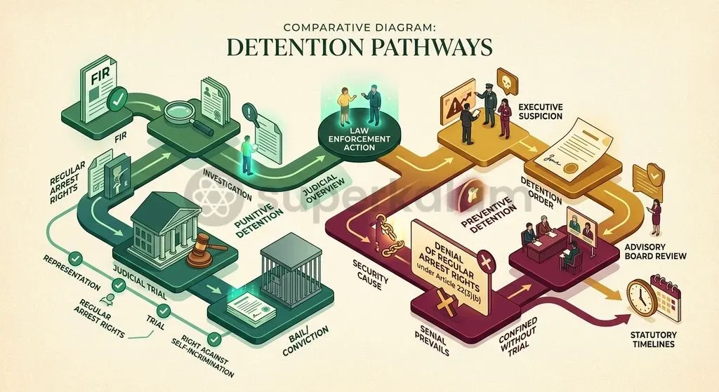 Unlike punitive detention following judicial conviction, preventive detention relies on subjective executive satisfaction under stringent Article 22 safeguards.