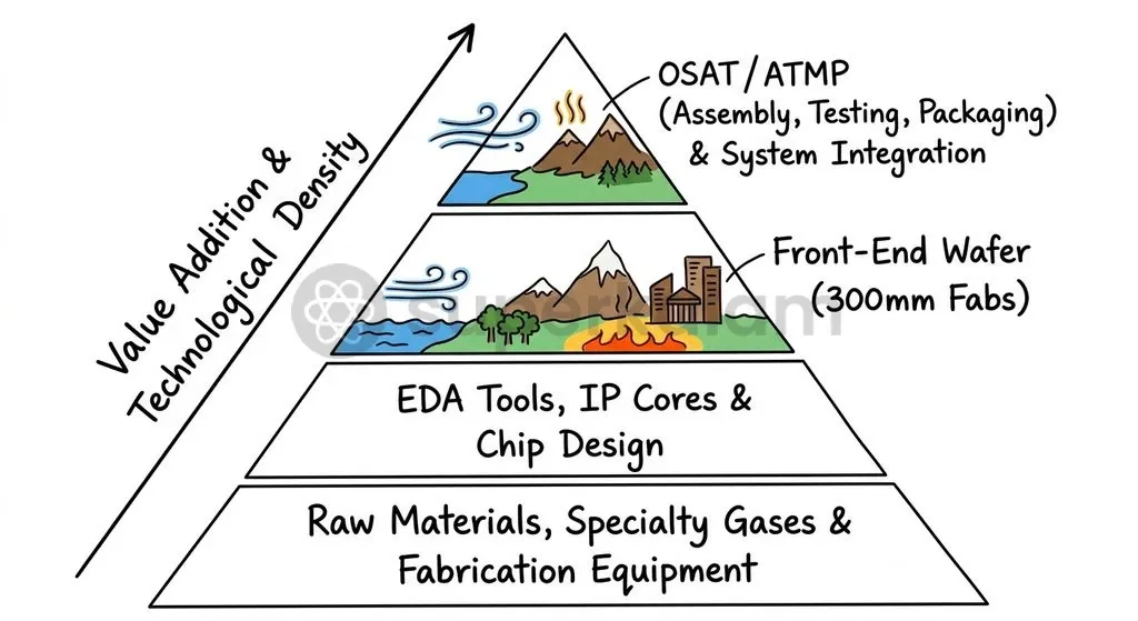 The transition to a full-stack semiconductor ecosystem requires integrating raw materials, wafer fabrication, design IP, and downstream packaging.