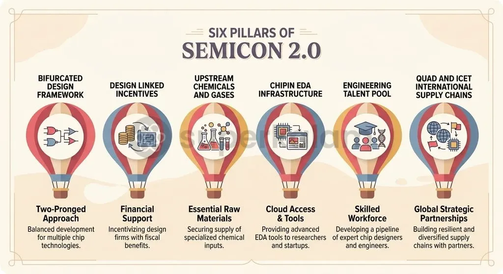 Semicon 2.0 structures financial and institutional assistance across six pillars spanning chip design, upstream inputs, and international partnerships.