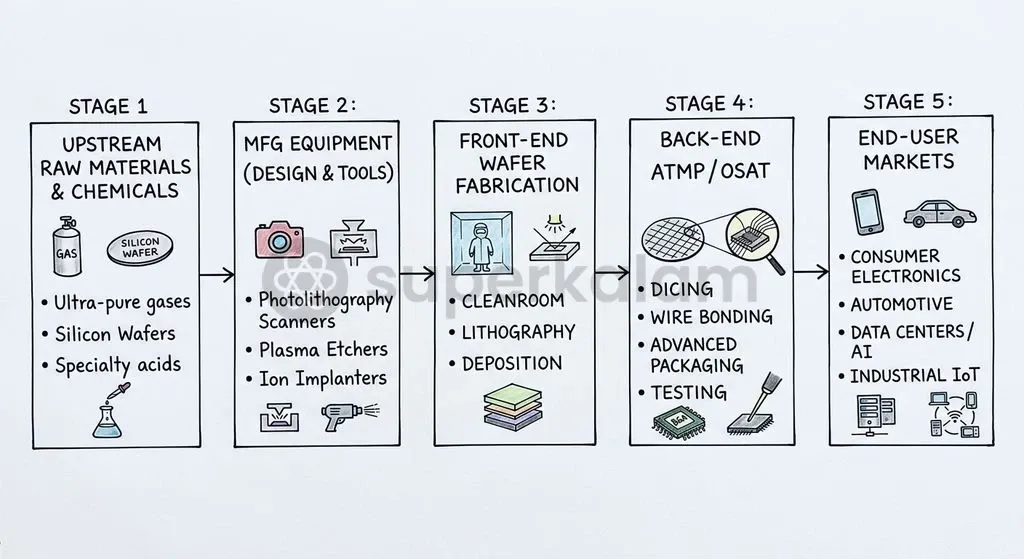 Upstream specialty gases, photoresist chemicals, and precision etching tools form the critical defensive moat in semiconductor self-reliance.