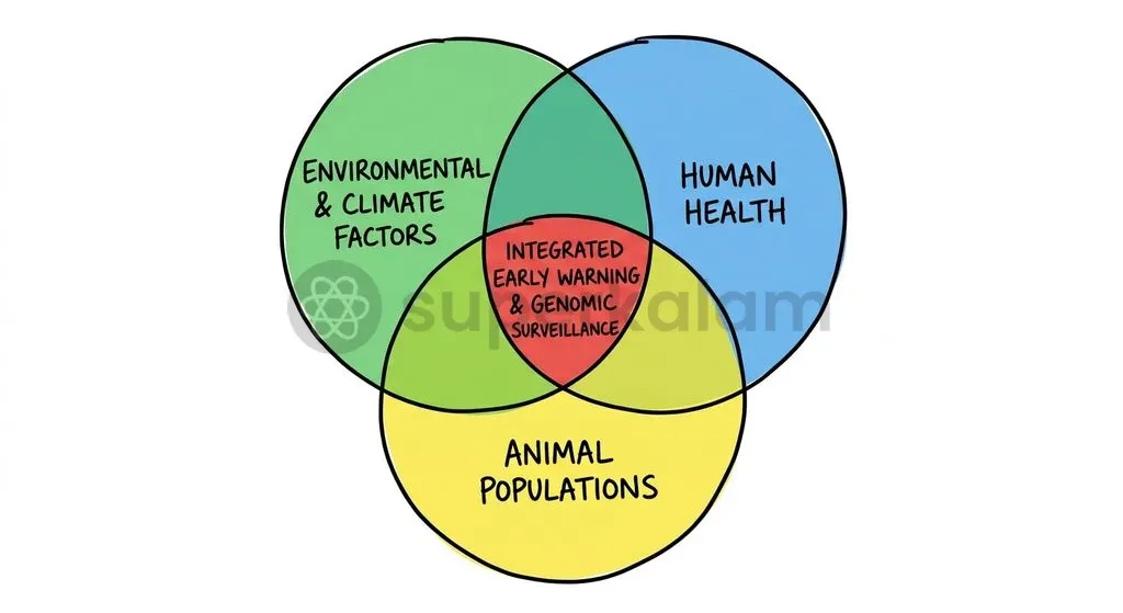A One Health approach integrates climate metrics, veterinary tracking, and human disease surveillance to detect spillover risks before outbreaks emerge.
